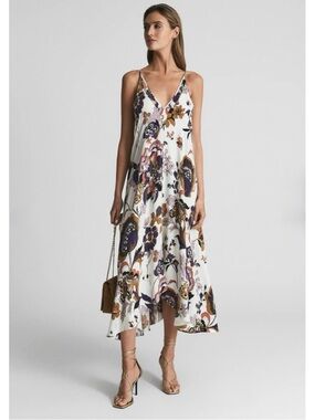New! Reiss Mabel Floral Plunge Open Back Strappy Midi Dress in White Multicolor